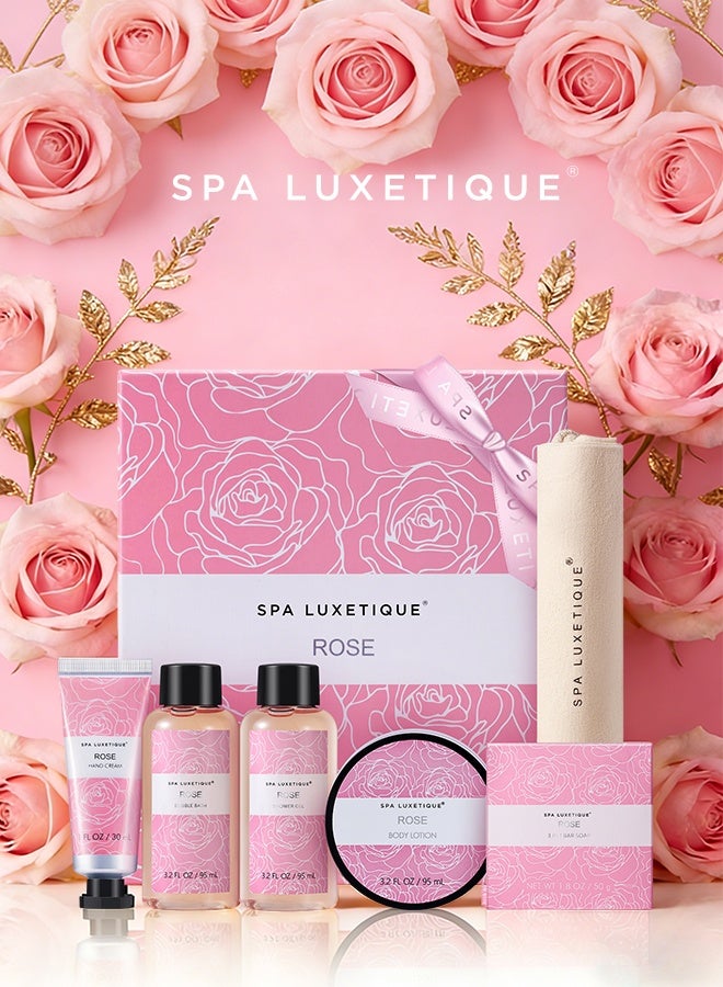 Spa Luxetique Spa Gift Set for Mother's Day, Women Gift Baskets, 6 Pcs Bath and Body Spa Kit, Bath Set Includes Body Lotion, Shower Gel, Bubble Bath, Hand Cream, Travel Bag, Relaxing Gifts for Women.